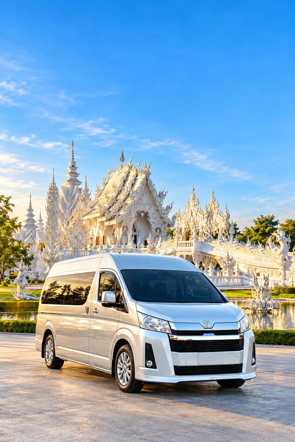 ภาพประกอบรถตู้ VIP Toyota Commuter กับวัดร่องขุ่น สื่อบริการรถตู้เชียงราย